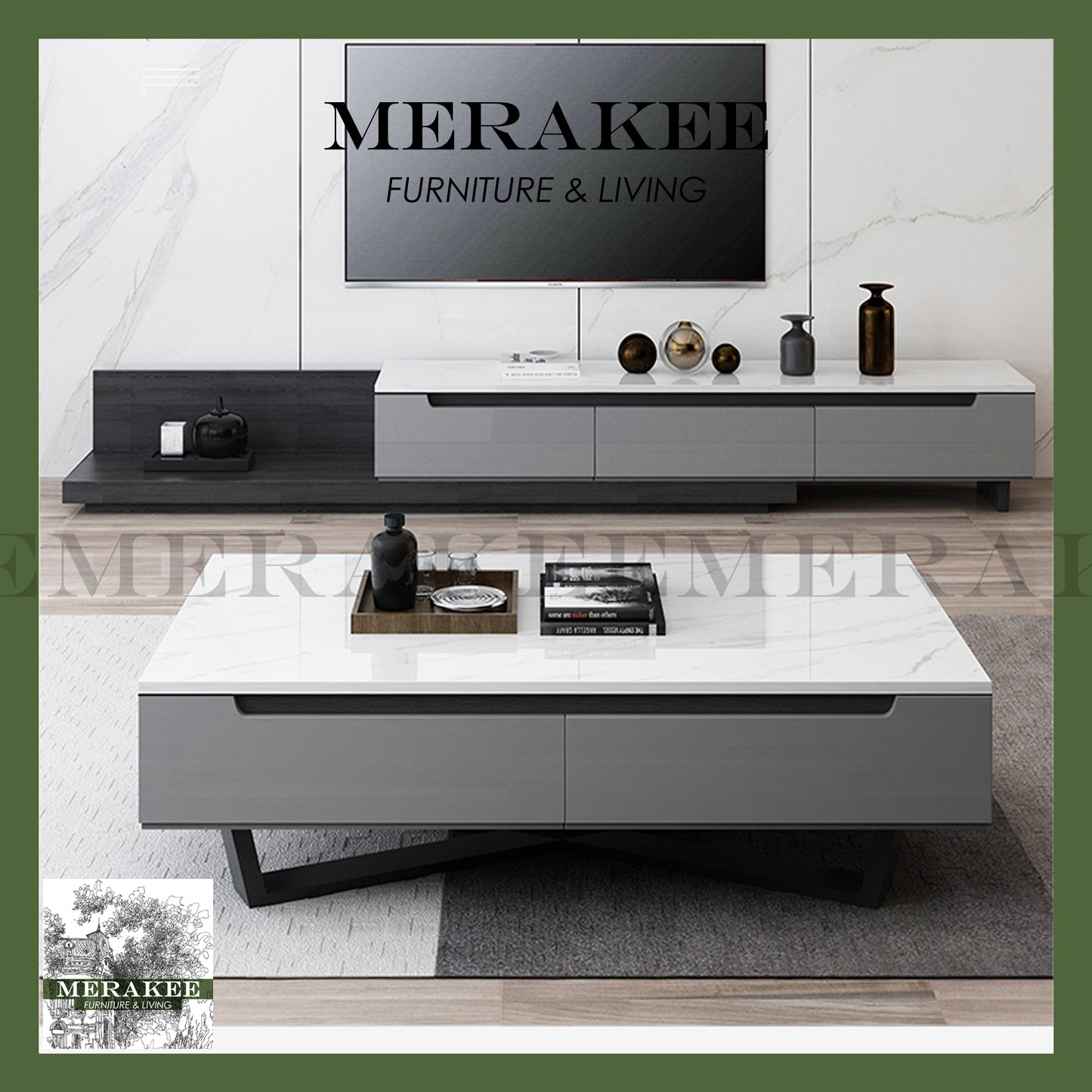 MERAKEE Marble Like Sintered Stone TV Console Cabinet Coffee Table Set Living Room Furniture DS004