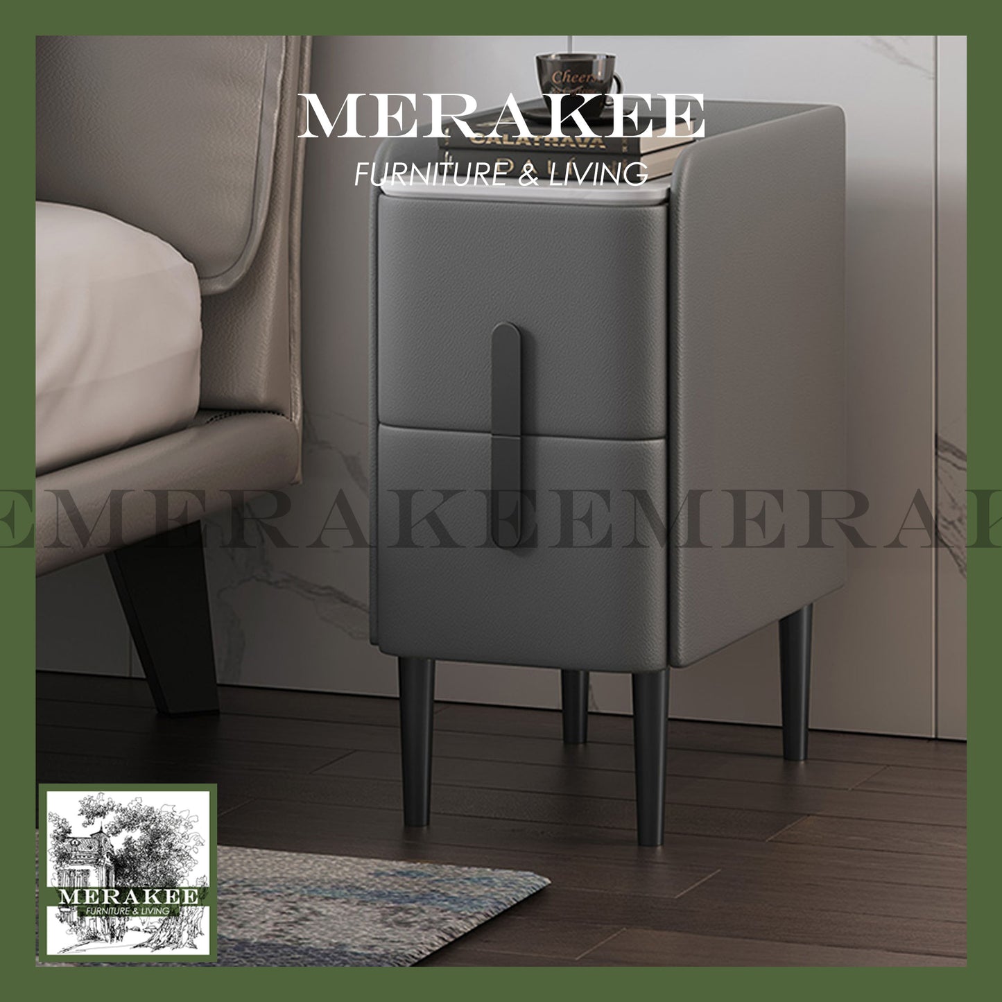 MERAKEE Bedside Table Narrow Sintered Stone Tabletop PU Leather Cover Solid Wood Frame Small Bedroom Furniture BST01