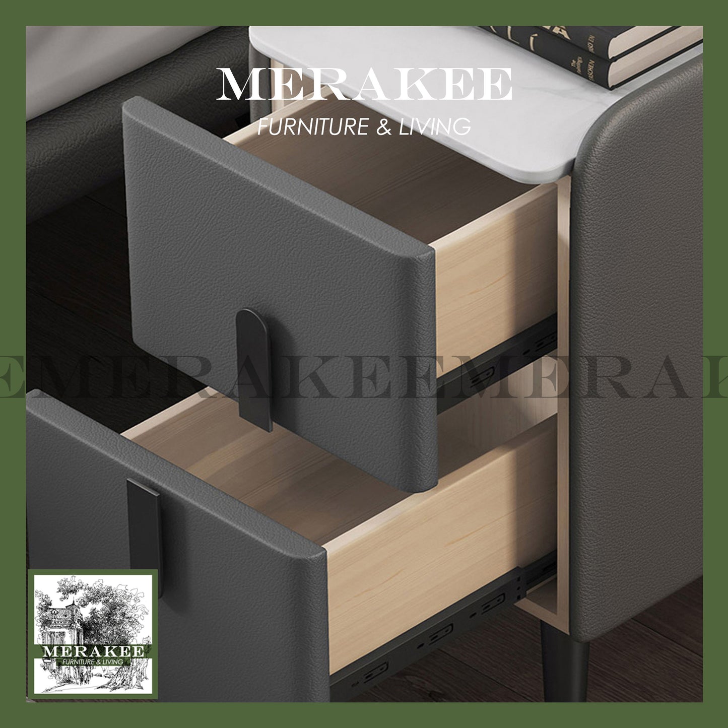 MERAKEE Bedside Table Narrow Sintered Stone Tabletop PU Leather Cover Solid Wood Frame Small Bedroom Furniture BST01