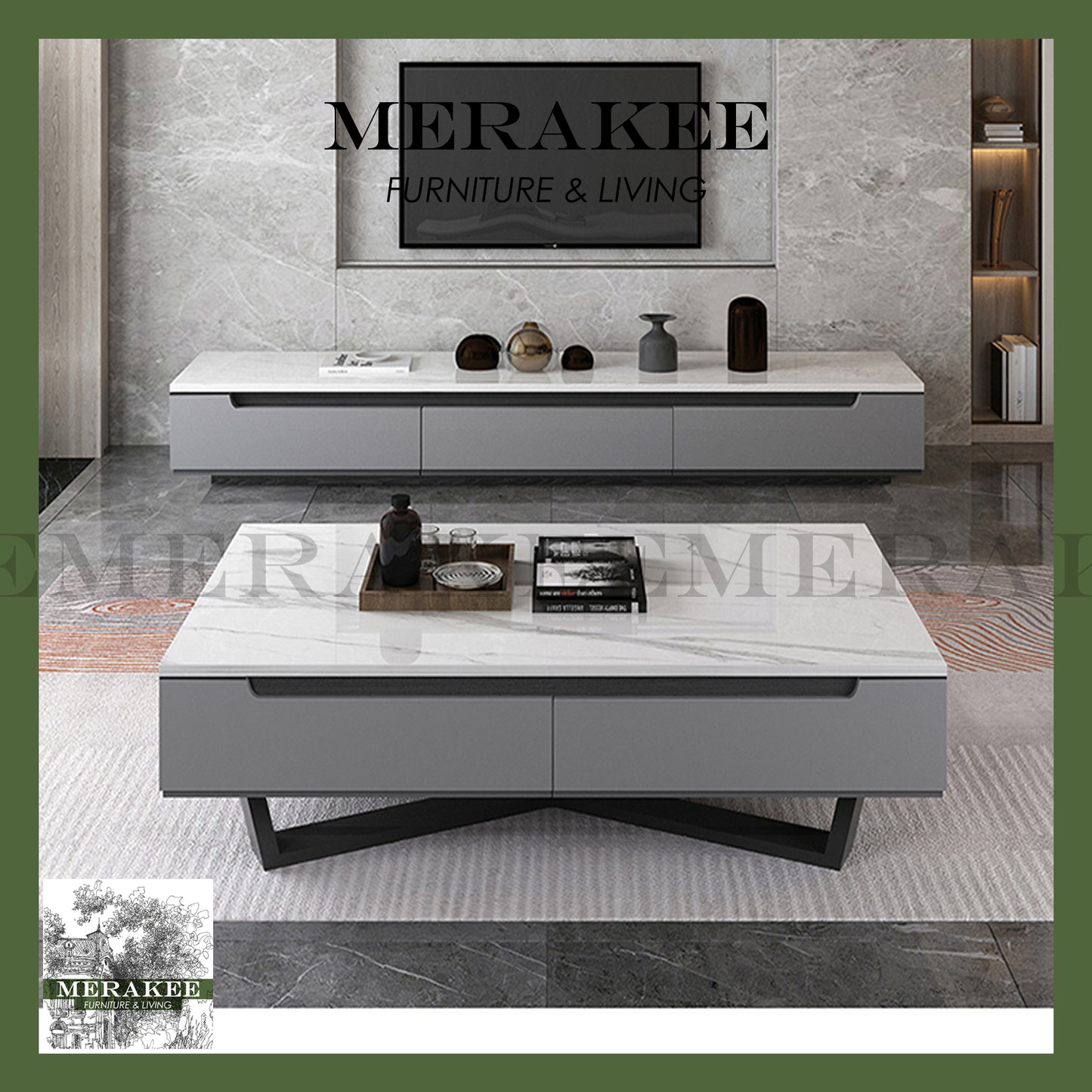 MERAKEE Marble Like Sintered Stone TV Console Cabinet Coffee Table Set Living Room Furniture DS004