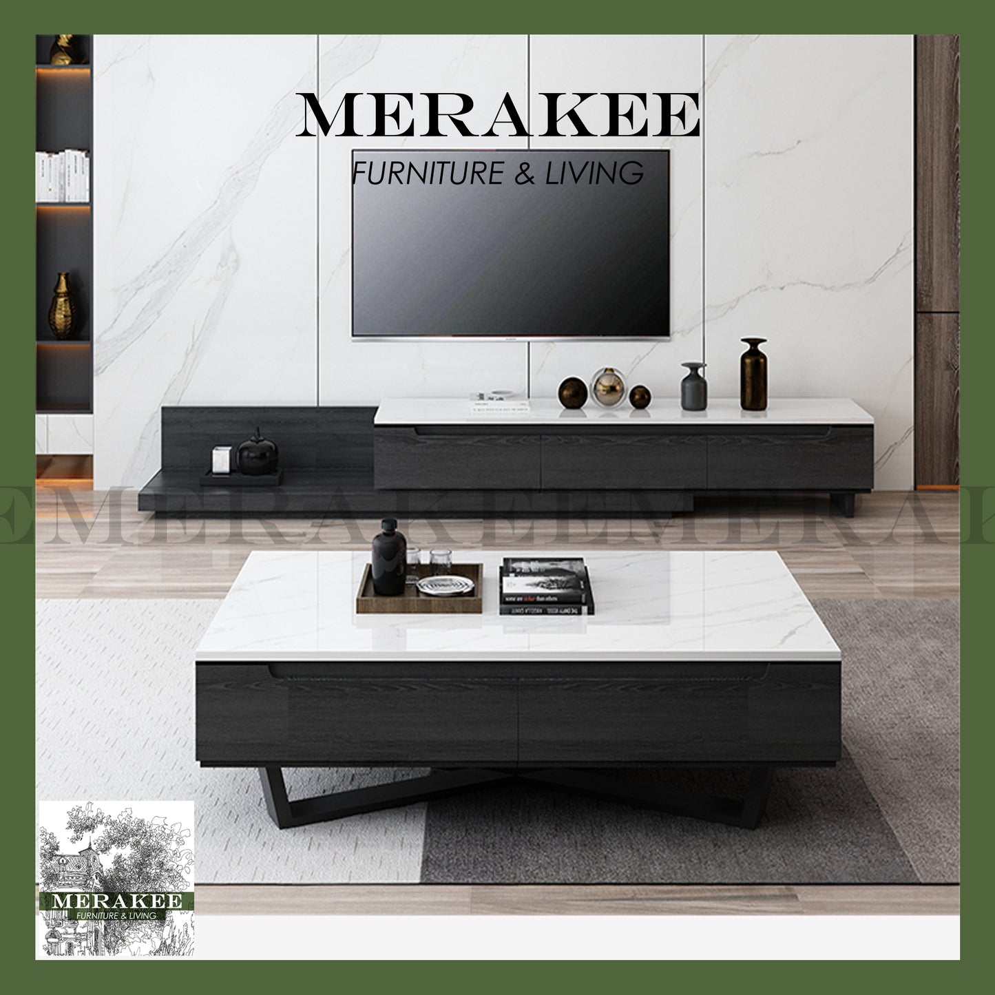 MERAKEE Marble Like Sintered Stone TV Console Cabinet Coffee Table Set Living Room Furniture DS004