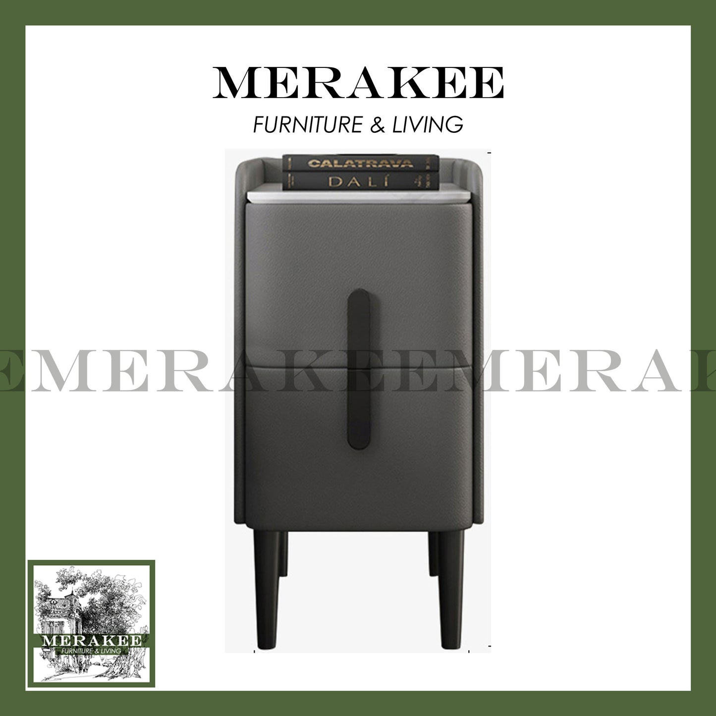 MERAKEE Bedside Table Narrow Sintered Stone Tabletop PU Leather Cover Solid Wood Frame Small Bedroom Furniture BST01