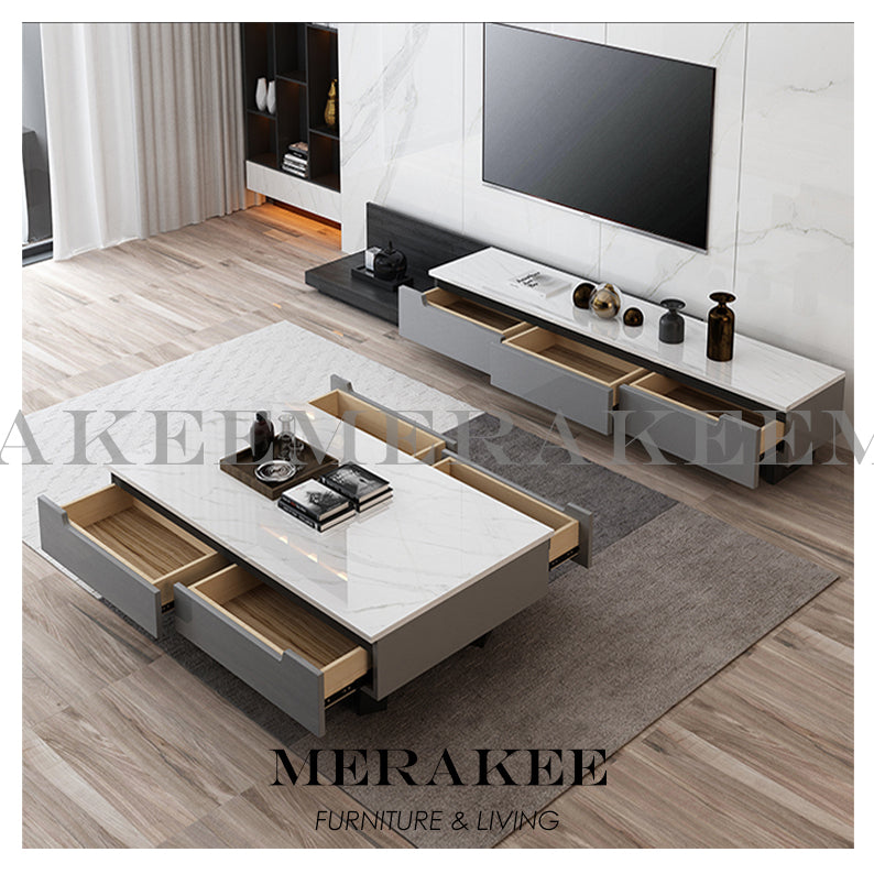 MERAKEE Marble Like Sintered Stone TV Console Cabinet Coffee Table Set Living Room Furniture DS004
