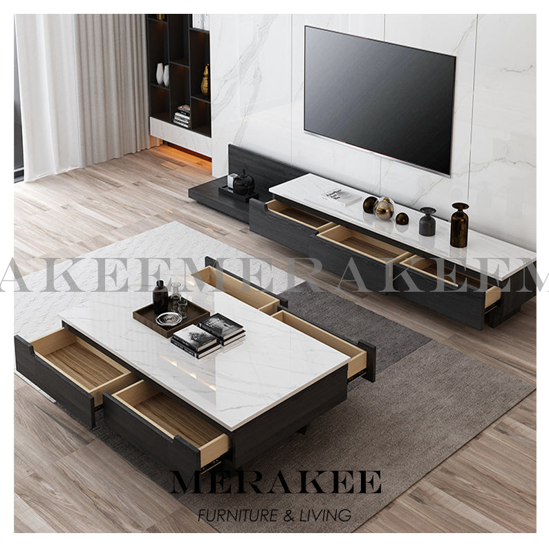 MERAKEE Marble Like Sintered Stone TV Console Cabinet Coffee Table Set Living Room Furniture DS004