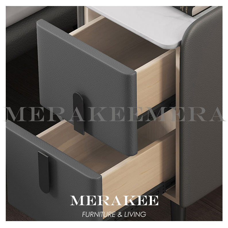 MERAKEE Bedside Table Narrow Sintered Stone Tabletop PU Leather Cover Solid Wood Frame Small Bedroom Furniture BST01