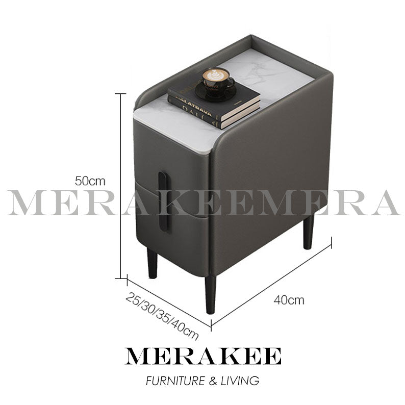 MERAKEE Bedside Table Narrow Sintered Stone Tabletop PU Leather Cover Solid Wood Frame Small Bedroom Furniture BST01