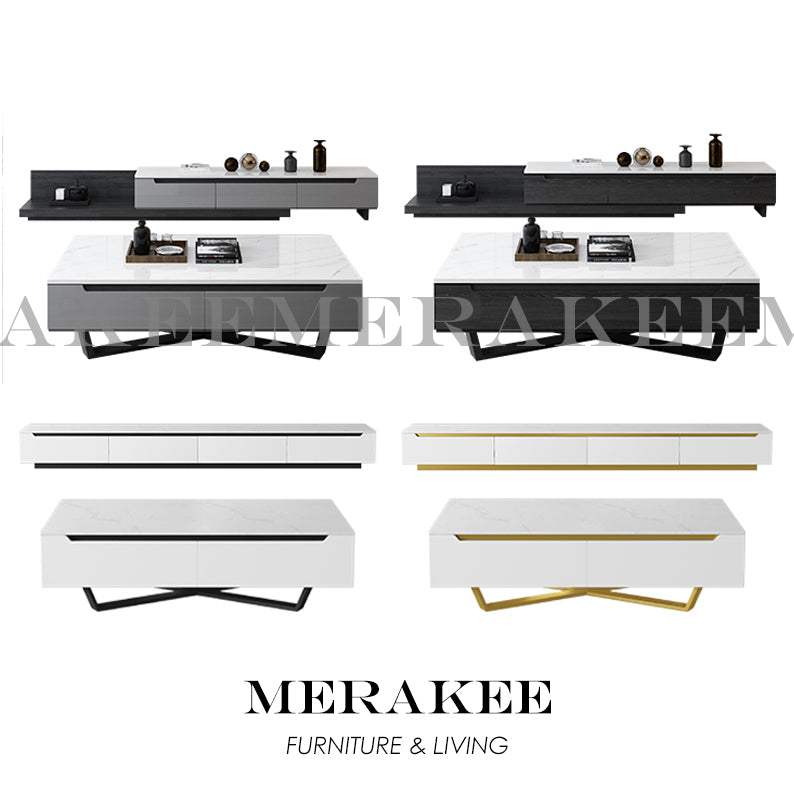 MERAKEE Marble Like Sintered Stone TV Console Cabinet Coffee Table Set Living Room Furniture DS004