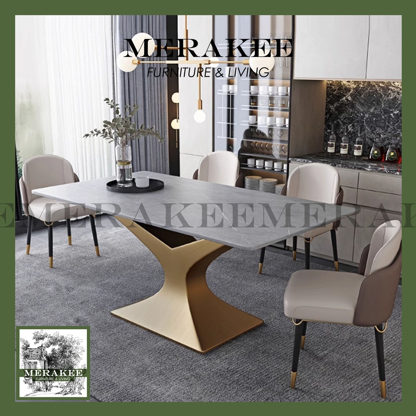 MERAKEE Customized Marble Like Sintered Stone Dining Table Gold Stainless Steel Dining Room Furniture PV34