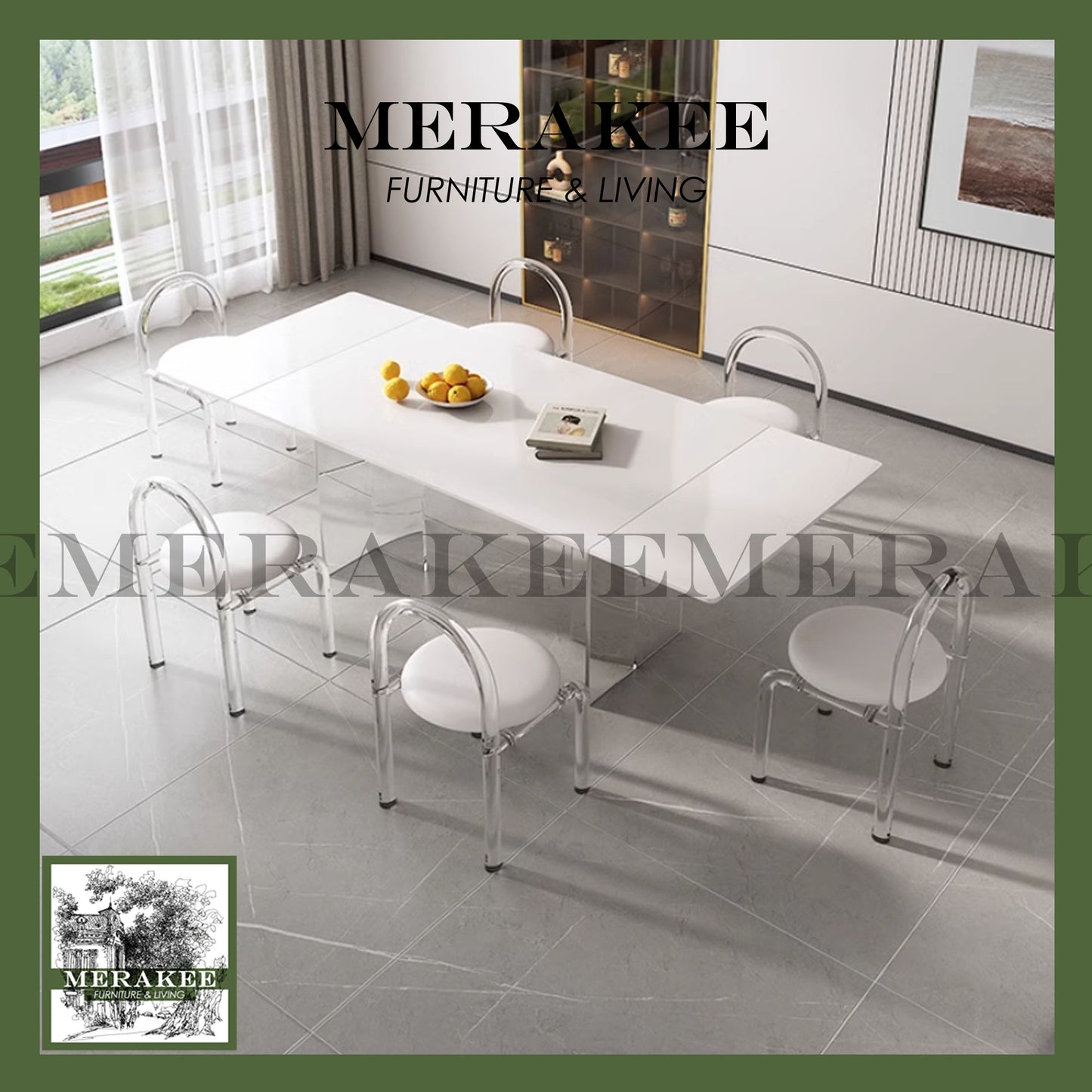 MERAKEE Extendable Customized Marble Like Sintered Stone With Acrylic Stand Dining Table Dining Room Furniture F13