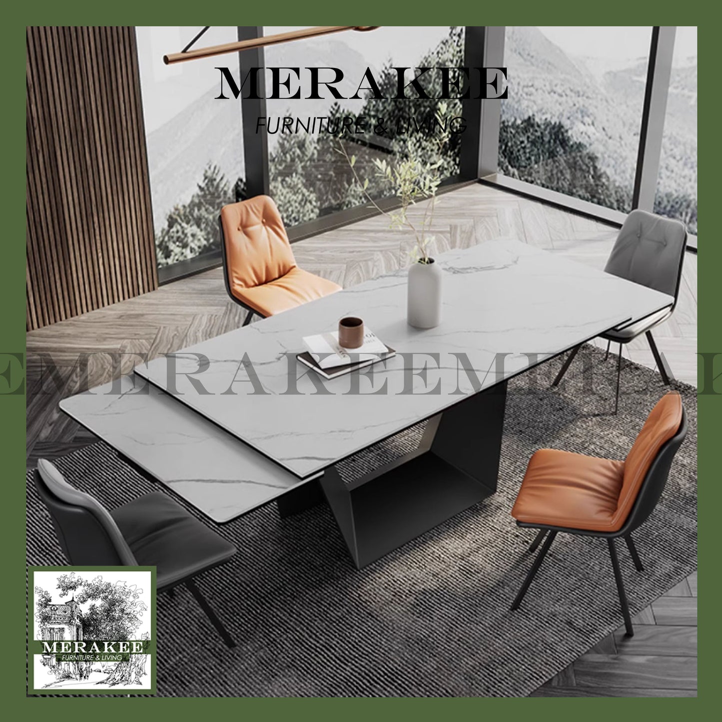 MERAKEE Extendable Large Size Customized Marble Like Sintered Stone Dining Table Dining Room Furniture F168