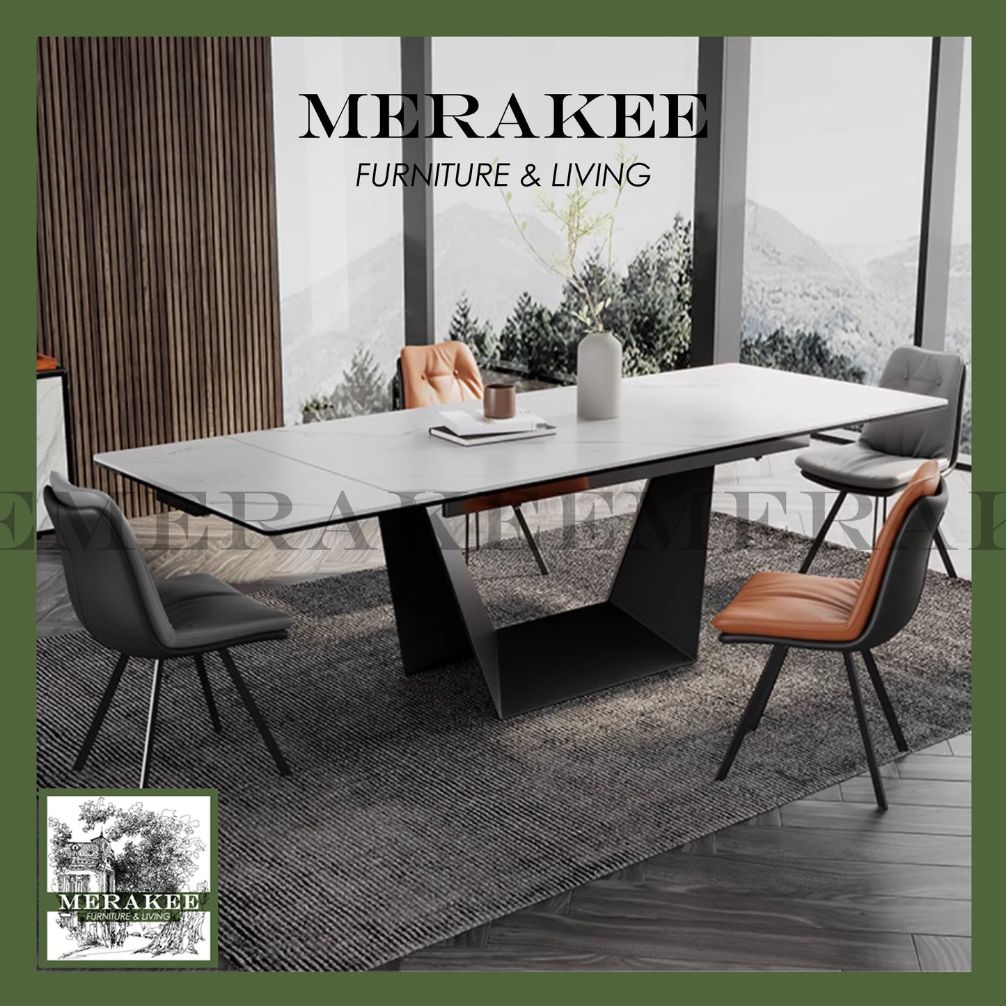 MERAKEE Extendable Large Size Customized Marble Like Sintered Stone Dining Table Dining Room Furniture F168