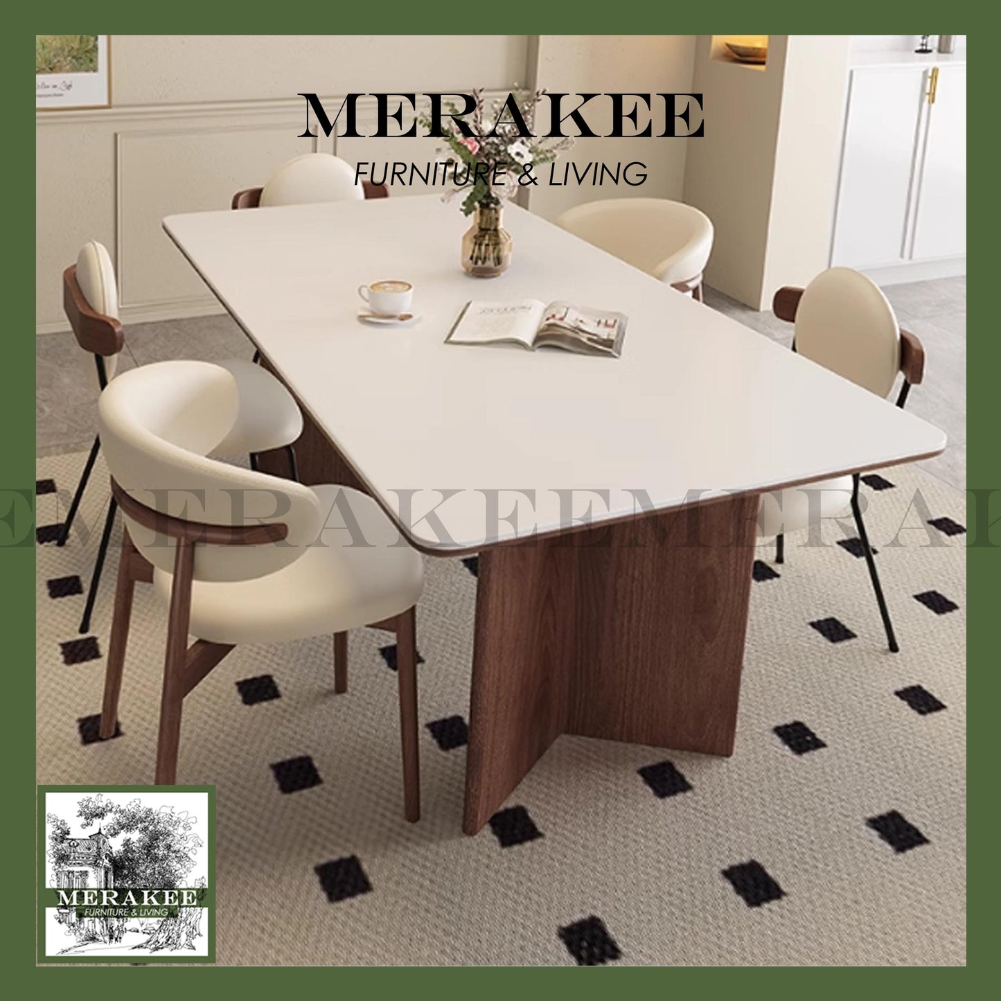 MERAKEE Customized Marble Travertine Like Sintered Stone Solid Ash Wood Stand Dining Table Dining Room Furniture AW20