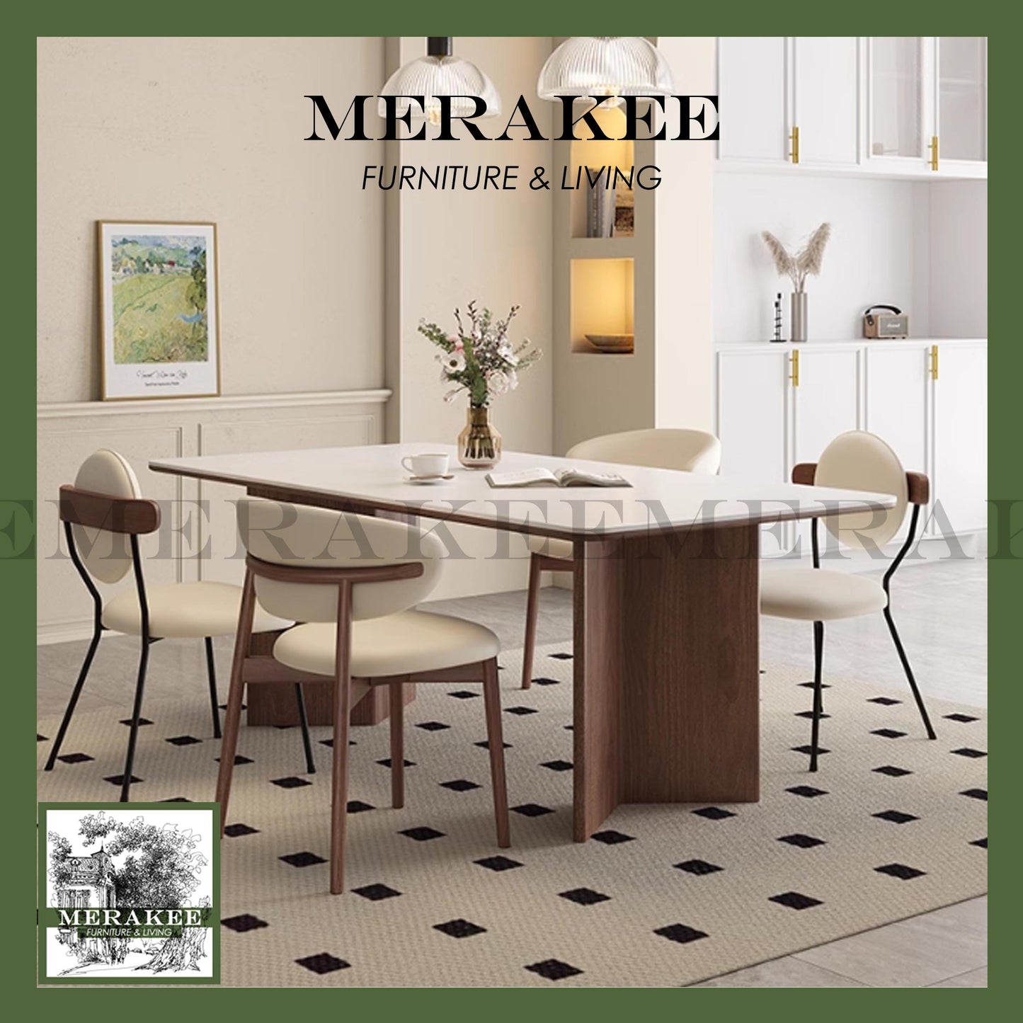 MERAKEE Customized Marble Travertine Like Sintered Stone Solid Ash Wood Stand Dining Table Dining Room Furniture AW20