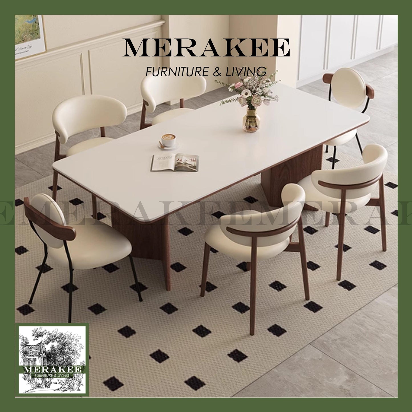 MERAKEE Customized Marble Travertine Like Sintered Stone Solid Ash Wood Stand Dining Table Dining Room Furniture AW20