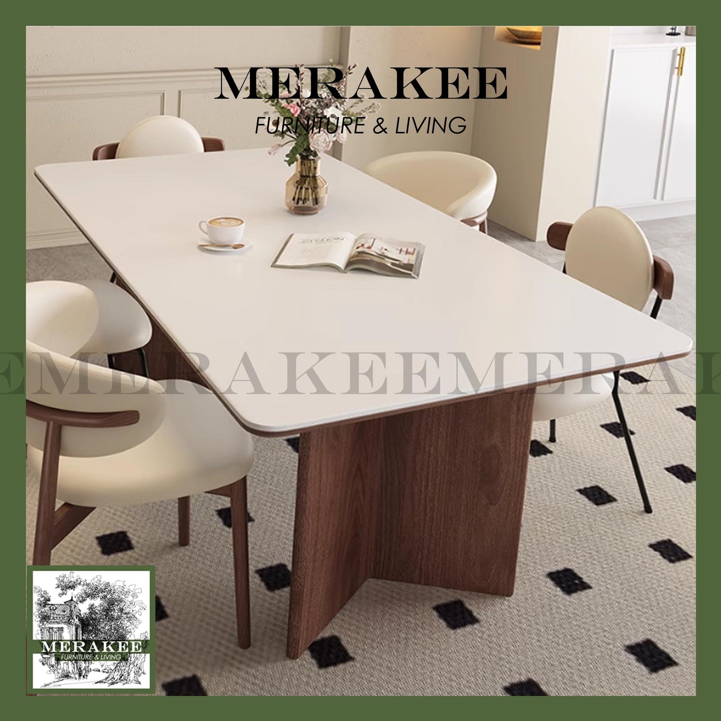 MERAKEE Customized Marble Travertine Like Sintered Stone Solid Ash Wood Stand Dining Table Dining Room Furniture AW20