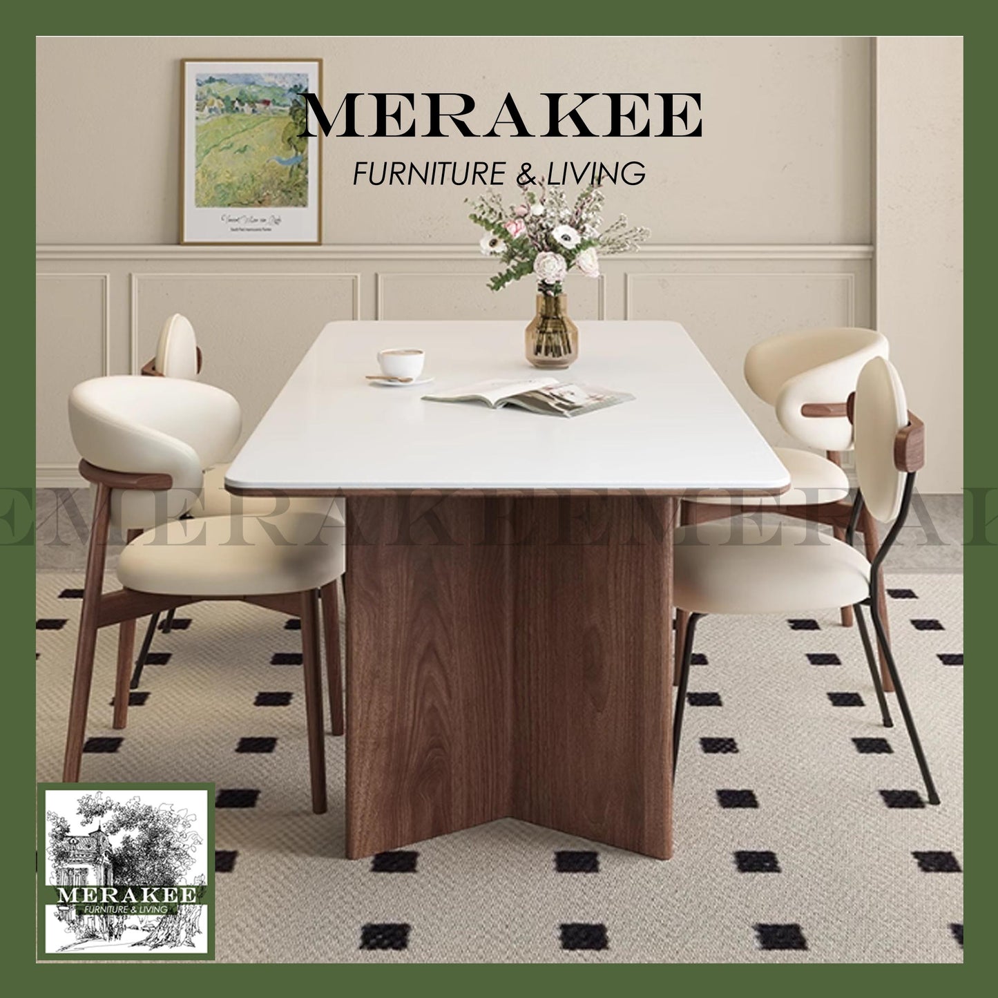 MERAKEE Customized Marble Travertine Like Sintered Stone Solid Ash Wood Stand Dining Table Dining Room Furniture AW20