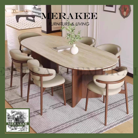 MERAKEE Customized Marble Travertine Like Sintered Stone Solid Ash Wood Stand Dining Table Dining Room Furniture AW20
