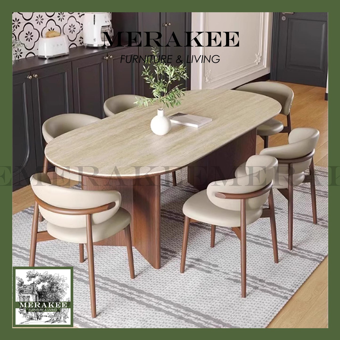 MERAKEE Customized Marble Travertine Like Sintered Stone Solid Ash Wood Stand Dining Table Dining Room Furniture AW20