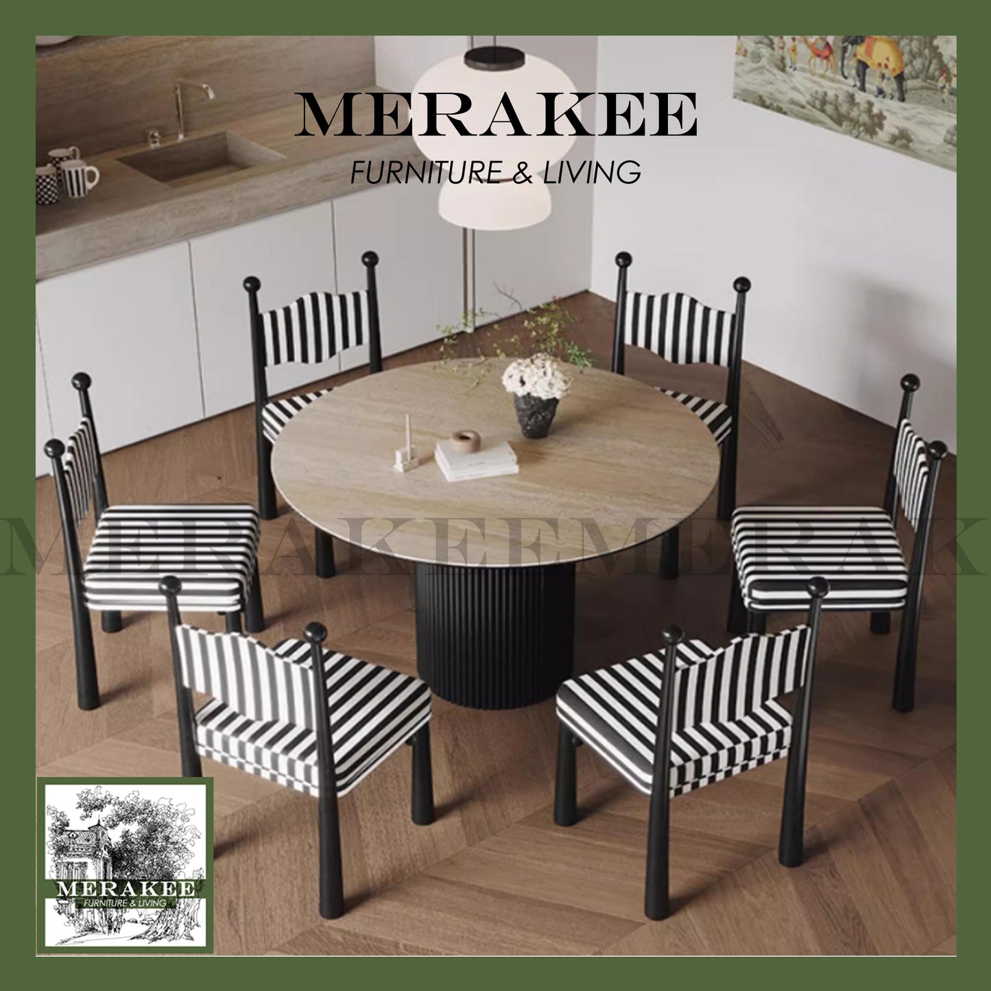 MERAKEE Customized Travertine Marble Like Sintered Stone Round Dining Table Wood Stand Dining Room Furniture PV920