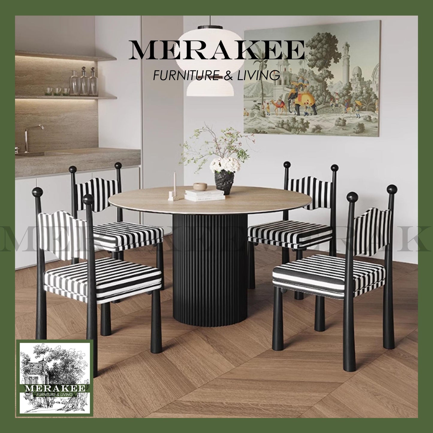 MERAKEE Customized Travertine Marble Like Sintered Stone Round Dining Table Wood Stand Dining Room Furniture PV920