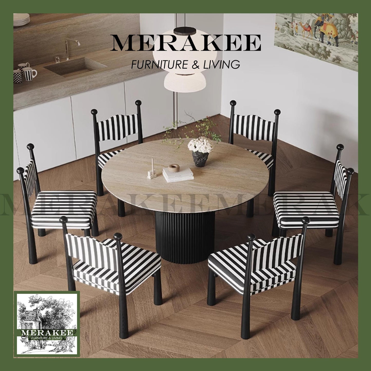 MERAKEE Customized Travertine Marble Like Sintered Stone Round Dining Table Wood Stand Dining Room Furniture PV920