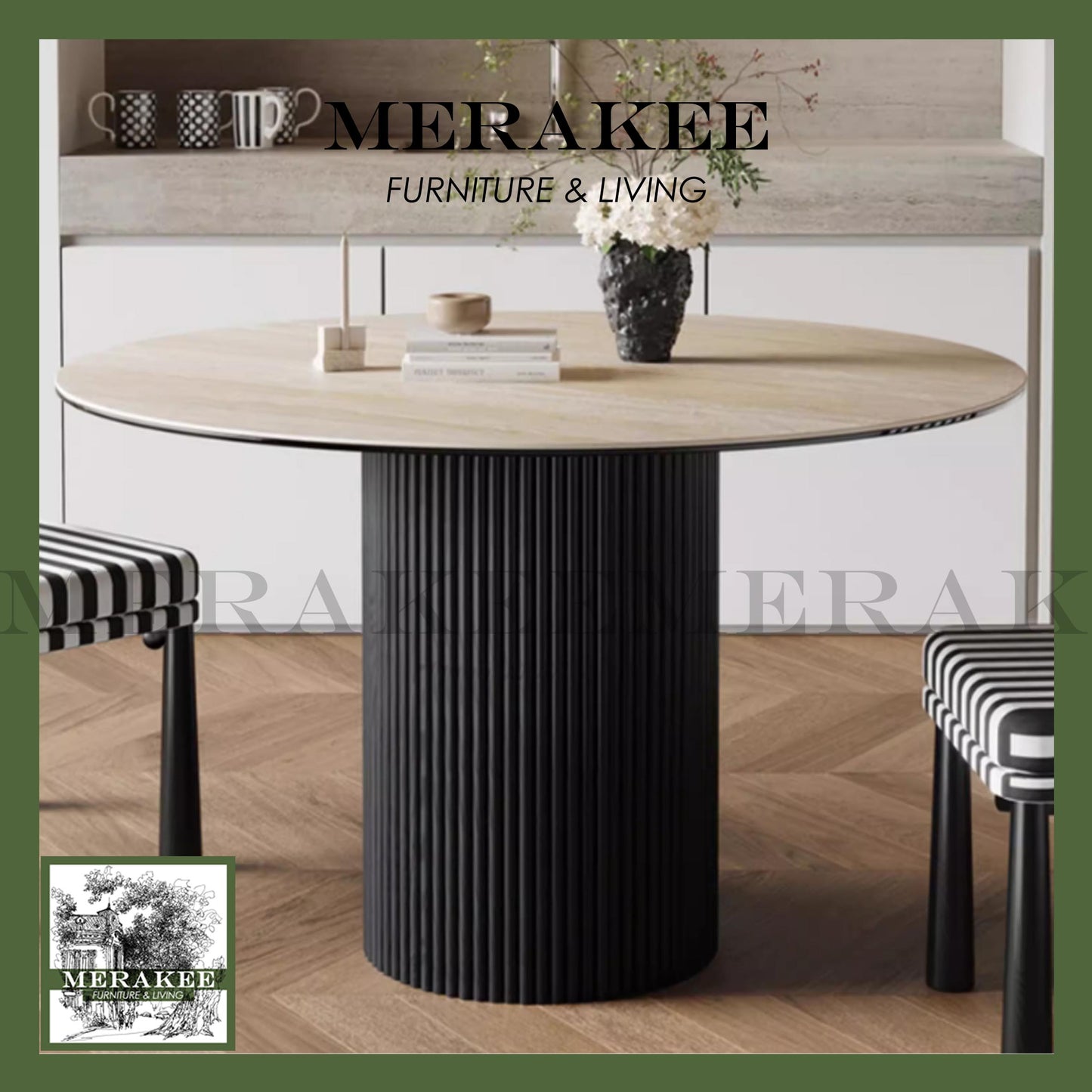 MERAKEE Customized Travertine Marble Like Sintered Stone Round Dining Table Wood Stand Dining Room Furniture PV920