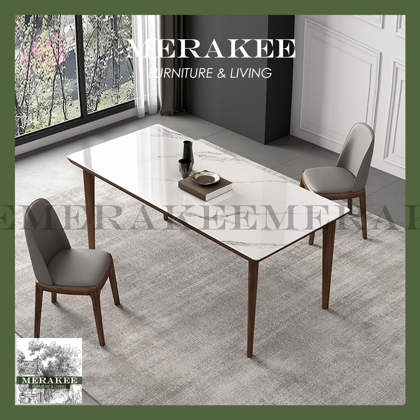 MERAKEE Customized Marble Like Sintered Stone Solid Ash Wood Leg Dining Table Dining Room Furniture AW002
