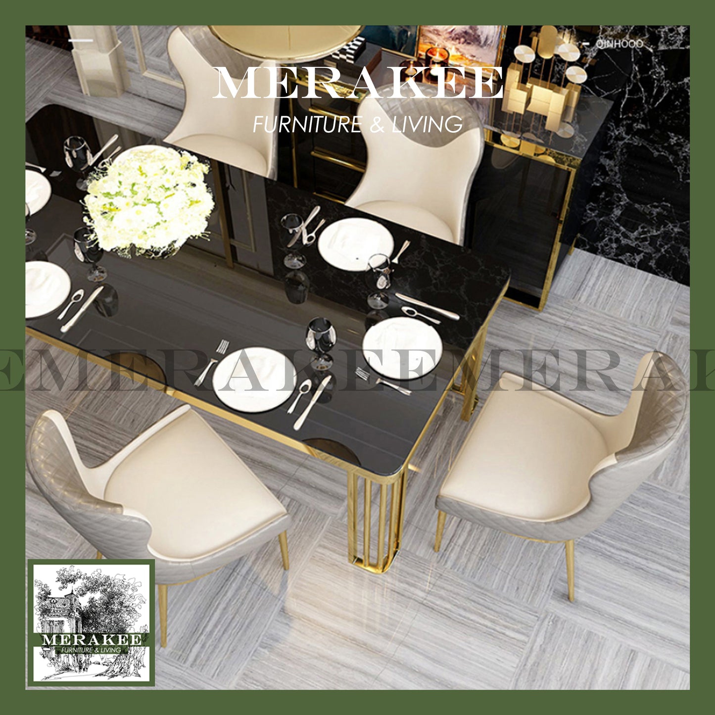 MERAKEE Dining Chair PU Leather Solid Wood Frame Gold Leg Dining Room Furniture JCY32