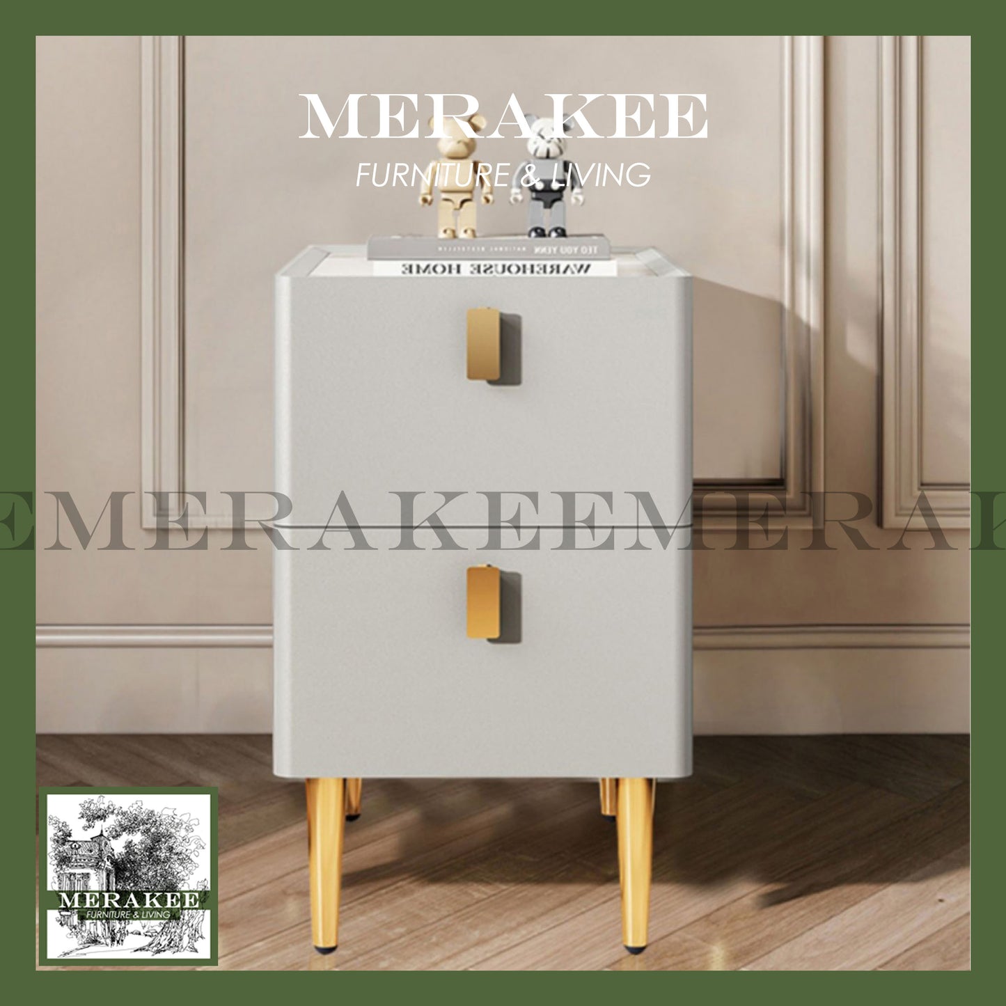 MERAKEE Bedside Table Narrow Sintered Stone Tabletop PU Leather Cover Solid Wood Frame Small Bedroom Furniture BST02