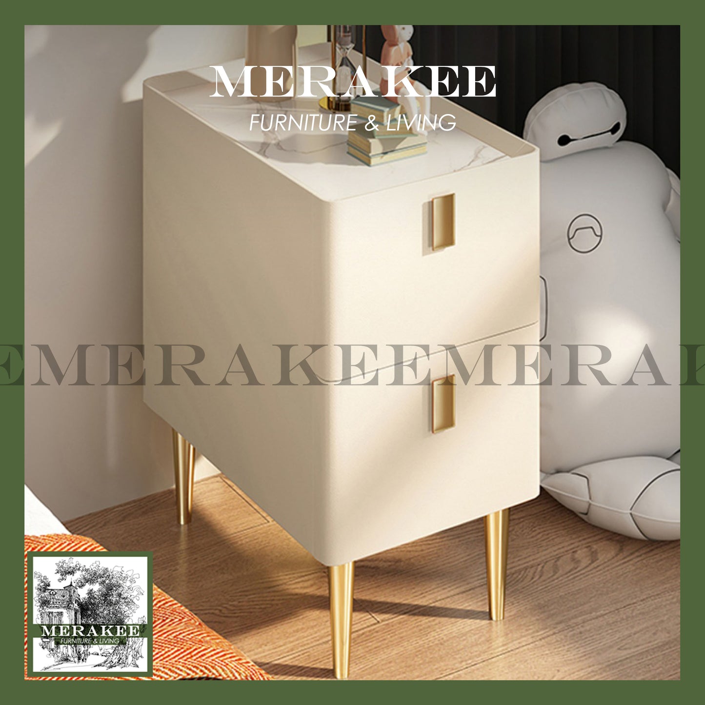 MERAKEE Bedside Table Narrow Sintered Stone Tabletop PU Leather Cover Solid Wood Frame Small Bedroom Furniture BST02