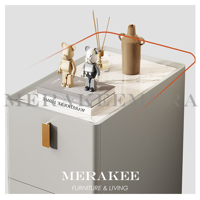 MERAKEE Bedside Table Narrow Sintered Stone Tabletop PU Leather Cover Solid Wood Frame Small Bedroom Furniture BST02