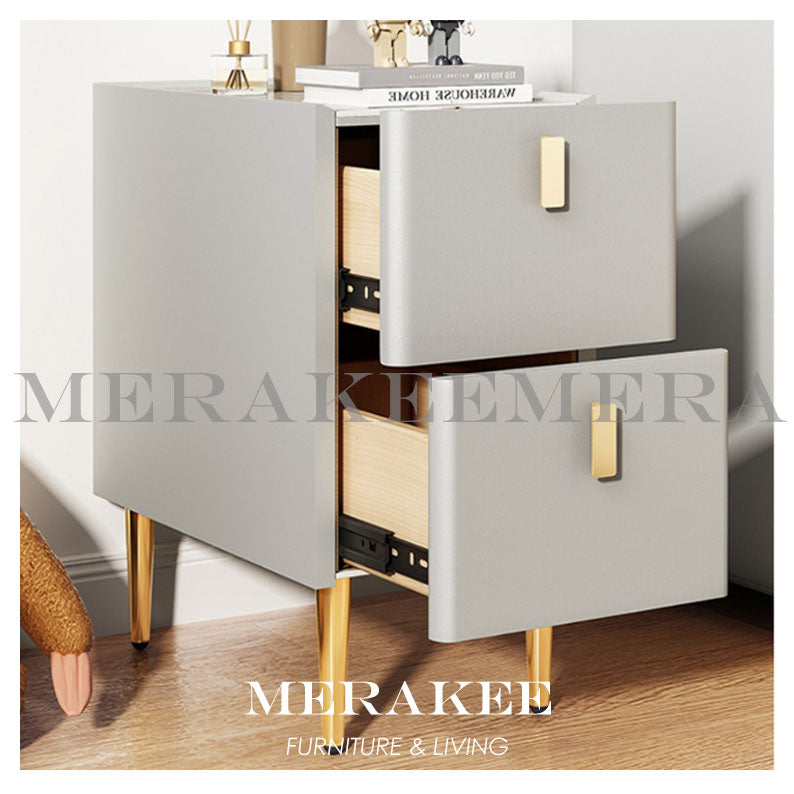 MERAKEE Bedside Table Narrow Sintered Stone Tabletop PU Leather Cover Solid Wood Frame Small Bedroom Furniture BST02