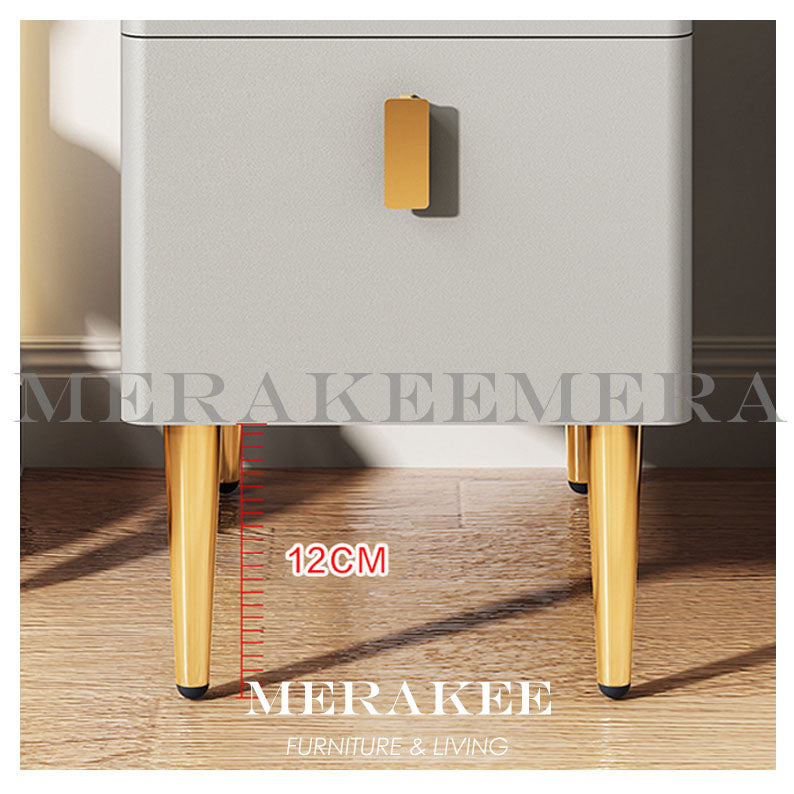 MERAKEE Bedside Table Narrow Sintered Stone Tabletop PU Leather Cover Solid Wood Frame Small Bedroom Furniture BST02