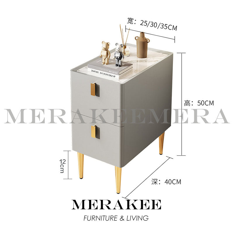MERAKEE Bedside Table Narrow Sintered Stone Tabletop PU Leather Cover Solid Wood Frame Small Bedroom Furniture BST02