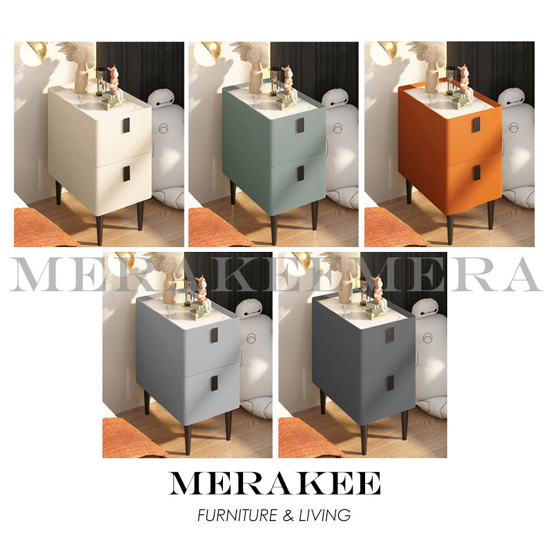 MERAKEE Bedside Table Narrow Sintered Stone Tabletop PU Leather Cover Solid Wood Frame Small Bedroom Furniture BST02