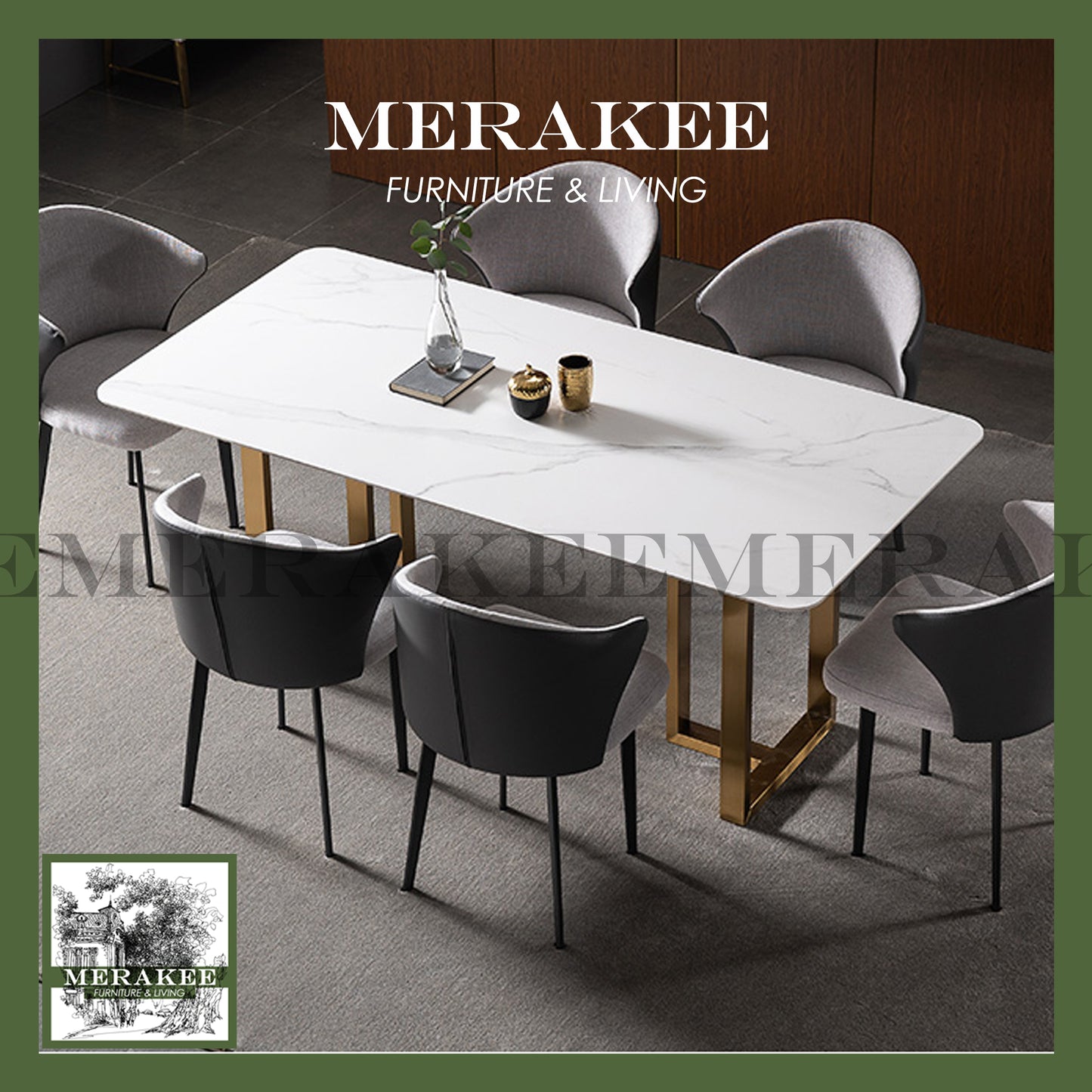 MERAKEE Customized Marble Like Sintered Stone Dining Table Gold Stainless Steel Dining Room Furniture F088