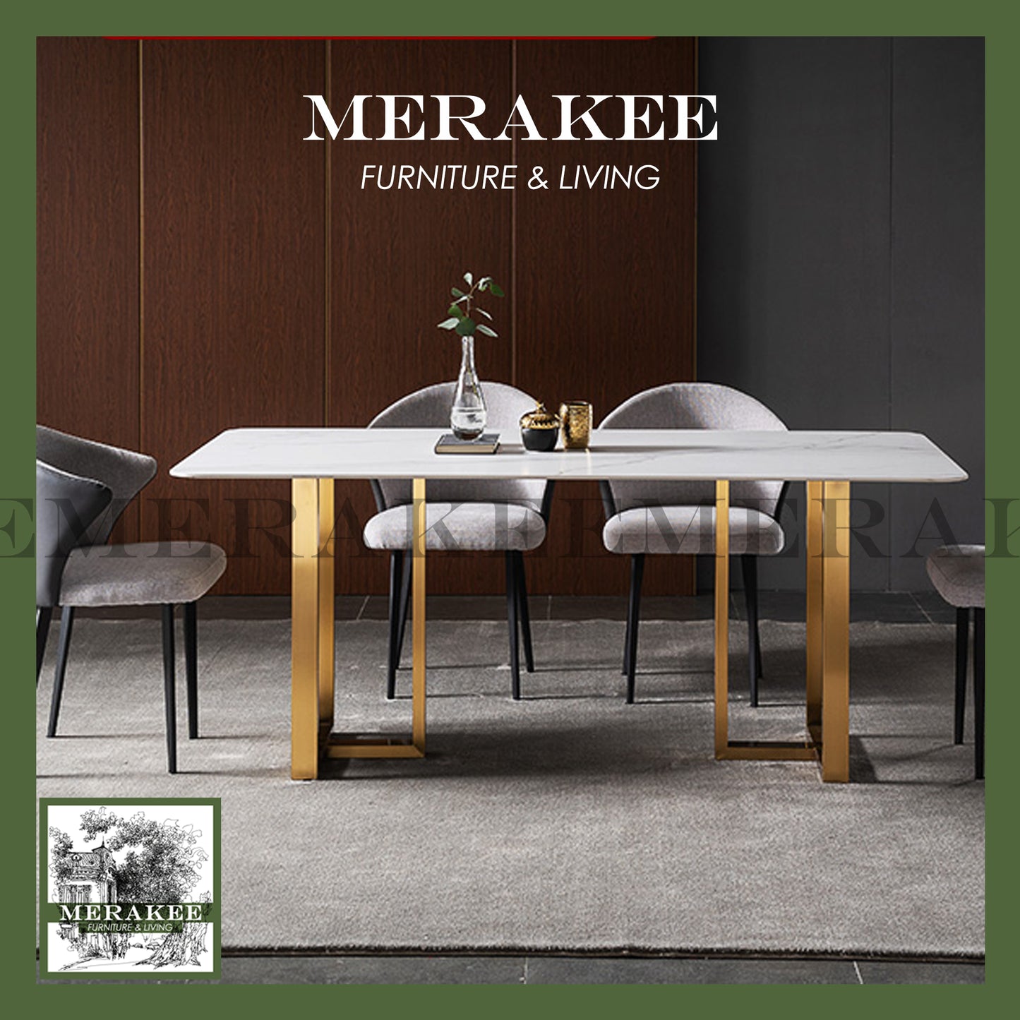 MERAKEE Customized Marble Like Sintered Stone Dining Table Gold Stainless Steel Dining Room Furniture F088