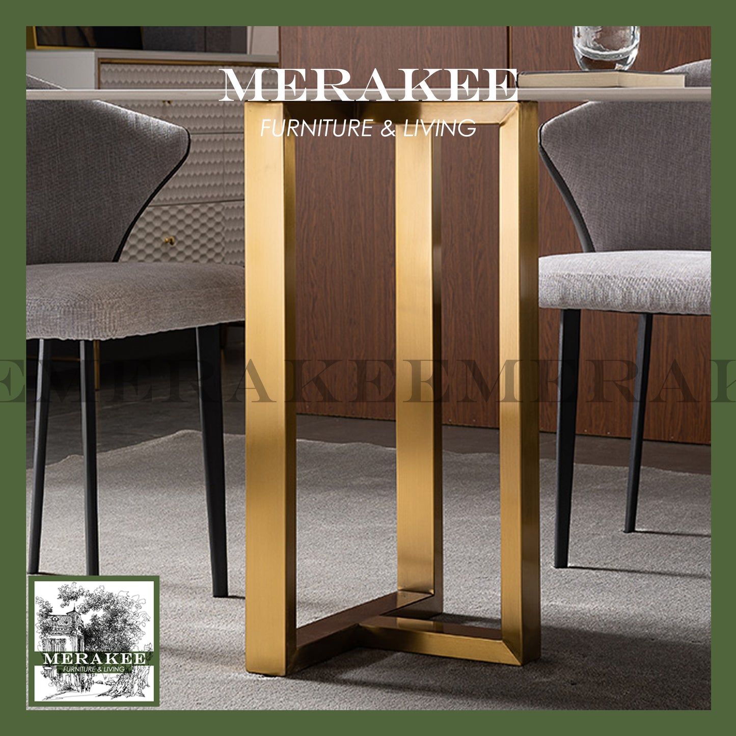 MERAKEE Customized Marble Like Sintered Stone Dining Table Gold Stainless Steel Dining Room Furniture F088