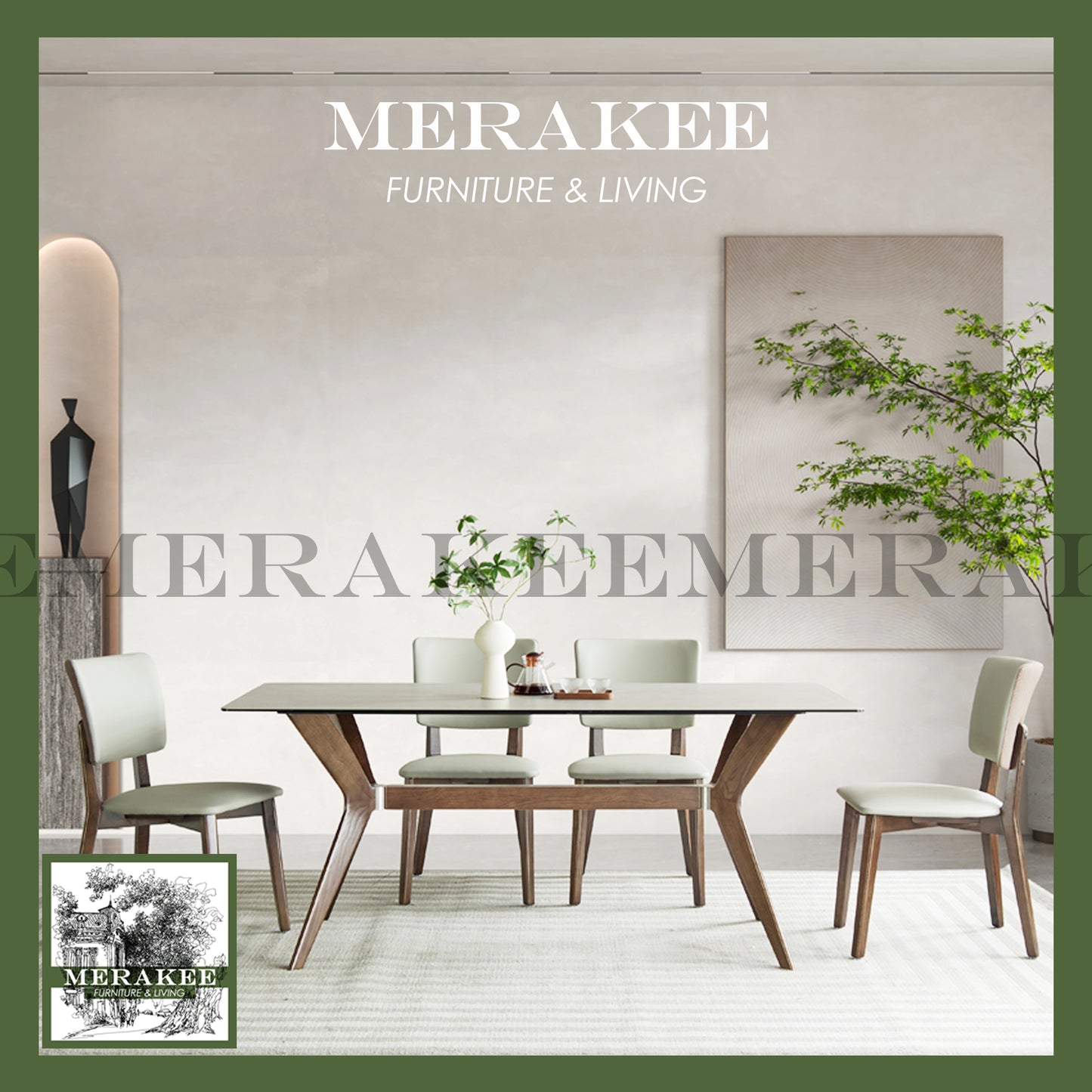 MERAKEE Customized Marble Like Sintered Stone Solid Ashwood Stand Dining Table Dining Room Furniture AW004