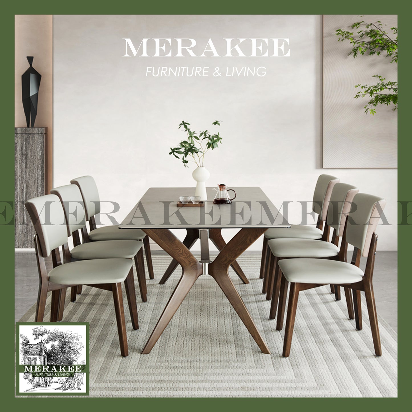 MERAKEE Customized Marble Like Sintered Stone Solid Ashwood Stand Dining Table Dining Room Furniture AW004