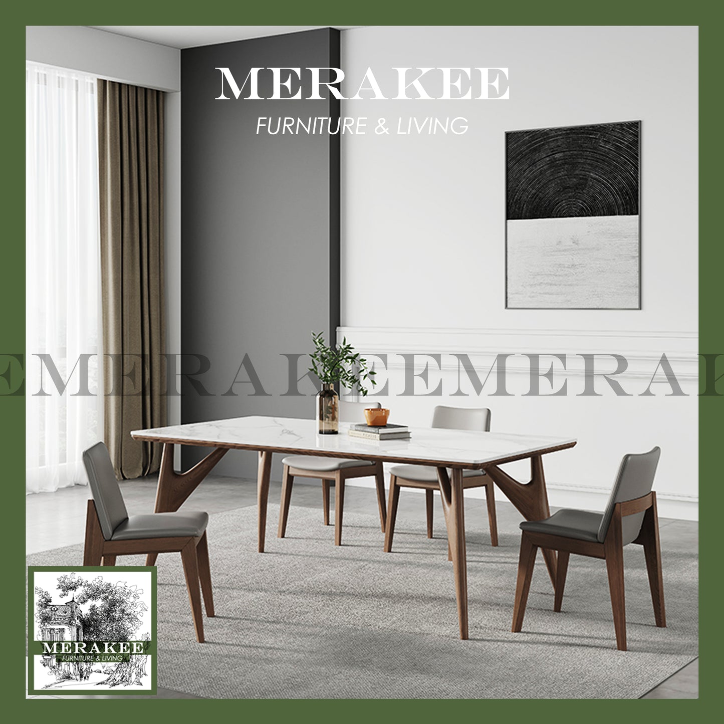 MERAKEE Customized Marble Like Sintered Stone Solid Ash Wood Stand Dining Table Dining Room Furniture AW006