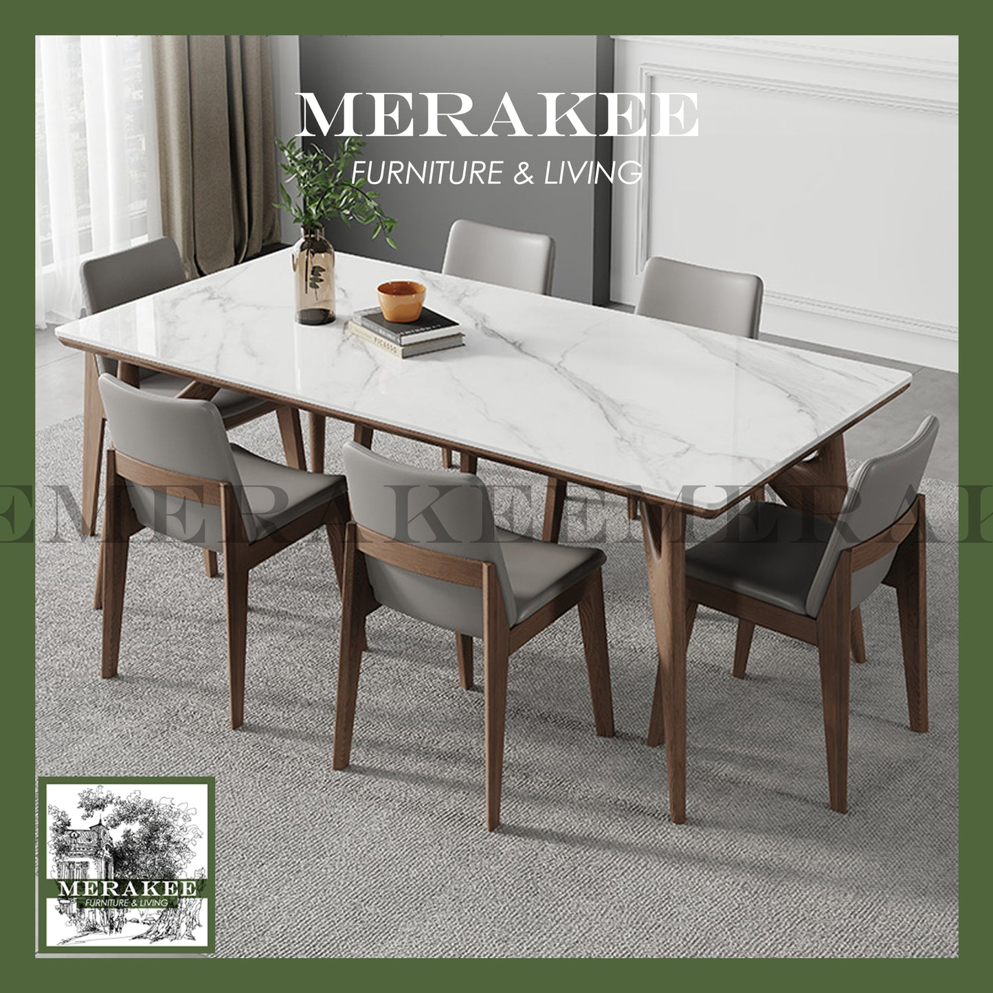 MERAKEE Customized Marble Like Sintered Stone Solid Ash Wood Stand Dining Table Dining Room Furniture AW006
