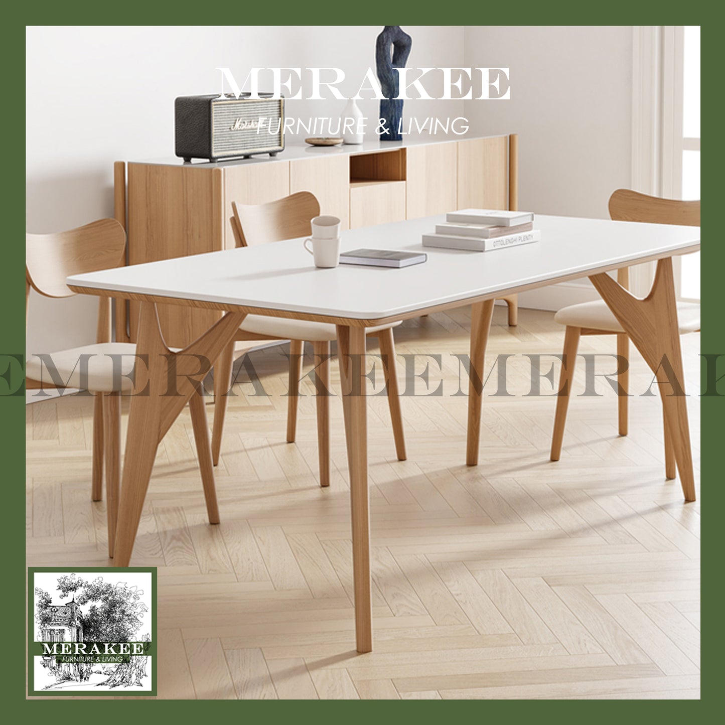 MERAKEE Customized Marble Like Sintered Stone Solid Ash Wood Stand Dining Table Dining Room Furniture AW006