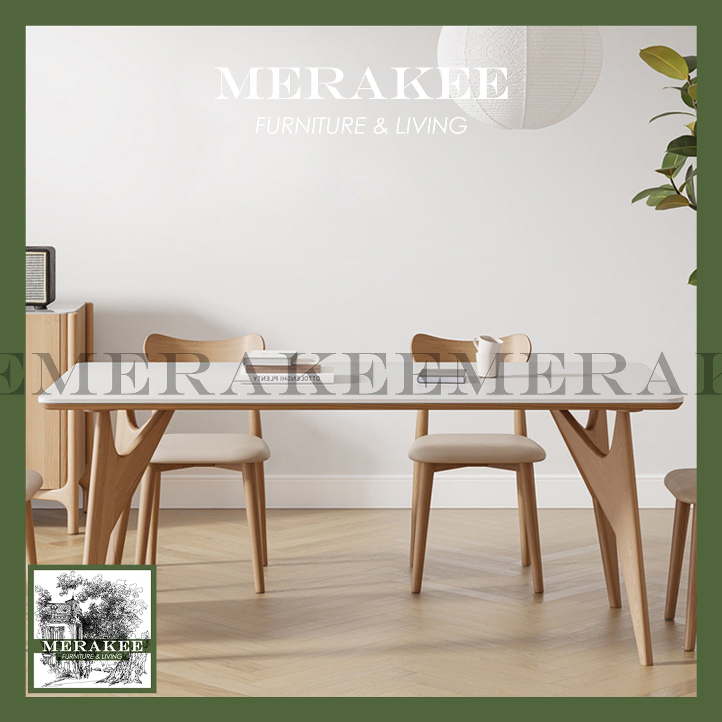 MERAKEE Customized Marble Like Sintered Stone Solid Ash Wood Stand Dining Table Dining Room Furniture AW006