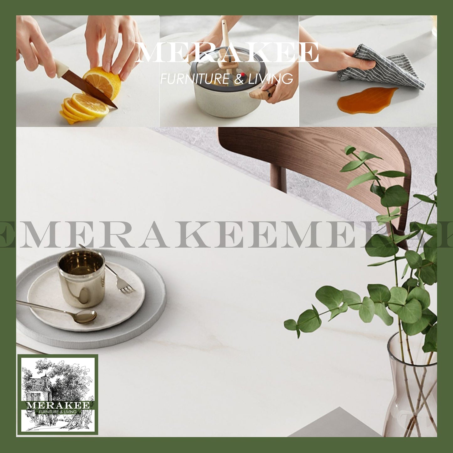 MERAKEE Customized Marble Like Sintered Stone Solid Ashwood Stand Dining Table Dining Room Furniture AW008