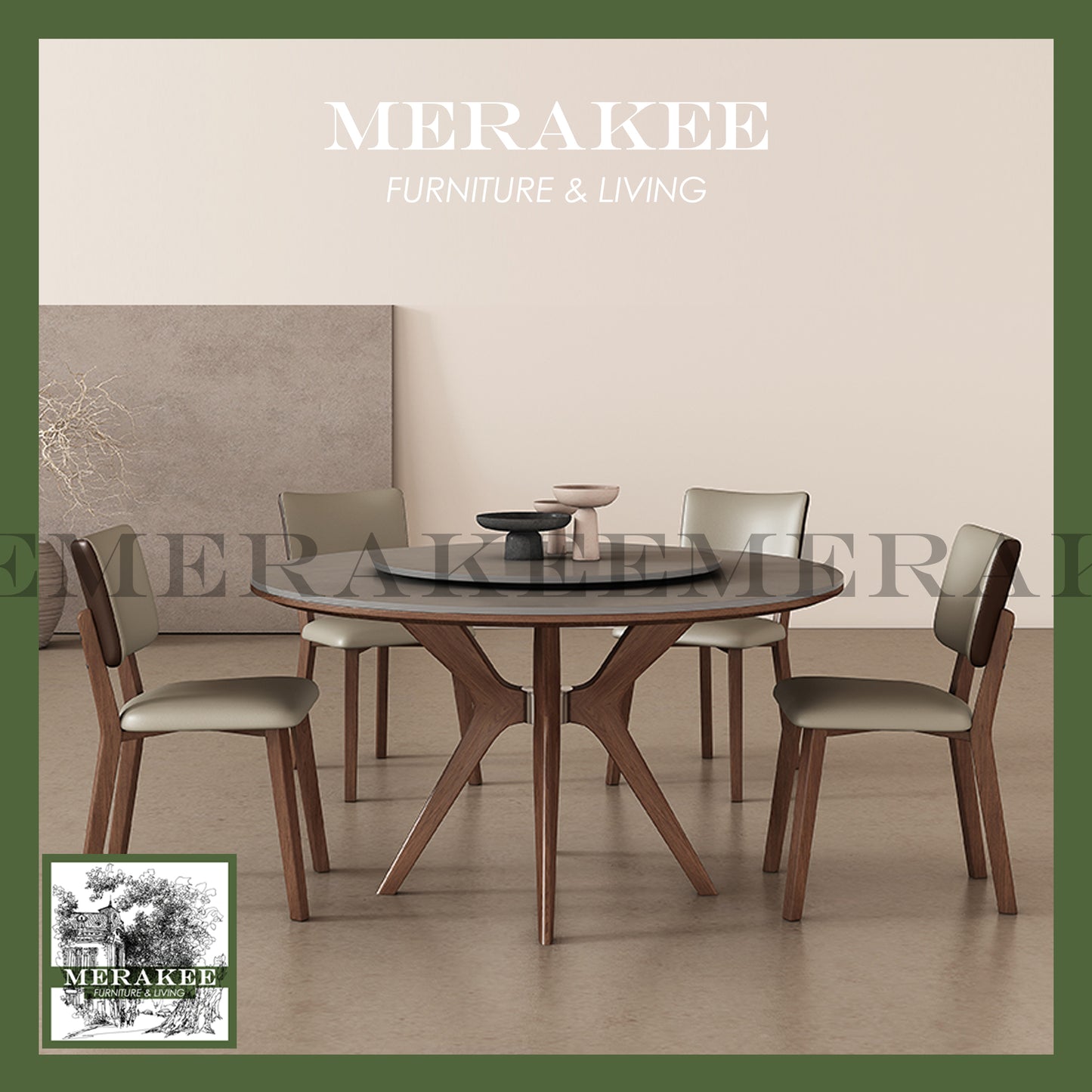 MERAKEE Customized Marble Like Sintered Stone Round With Lazy Susan Solid Ash Wood Stand Dining Table Dining Room Furniture AW10