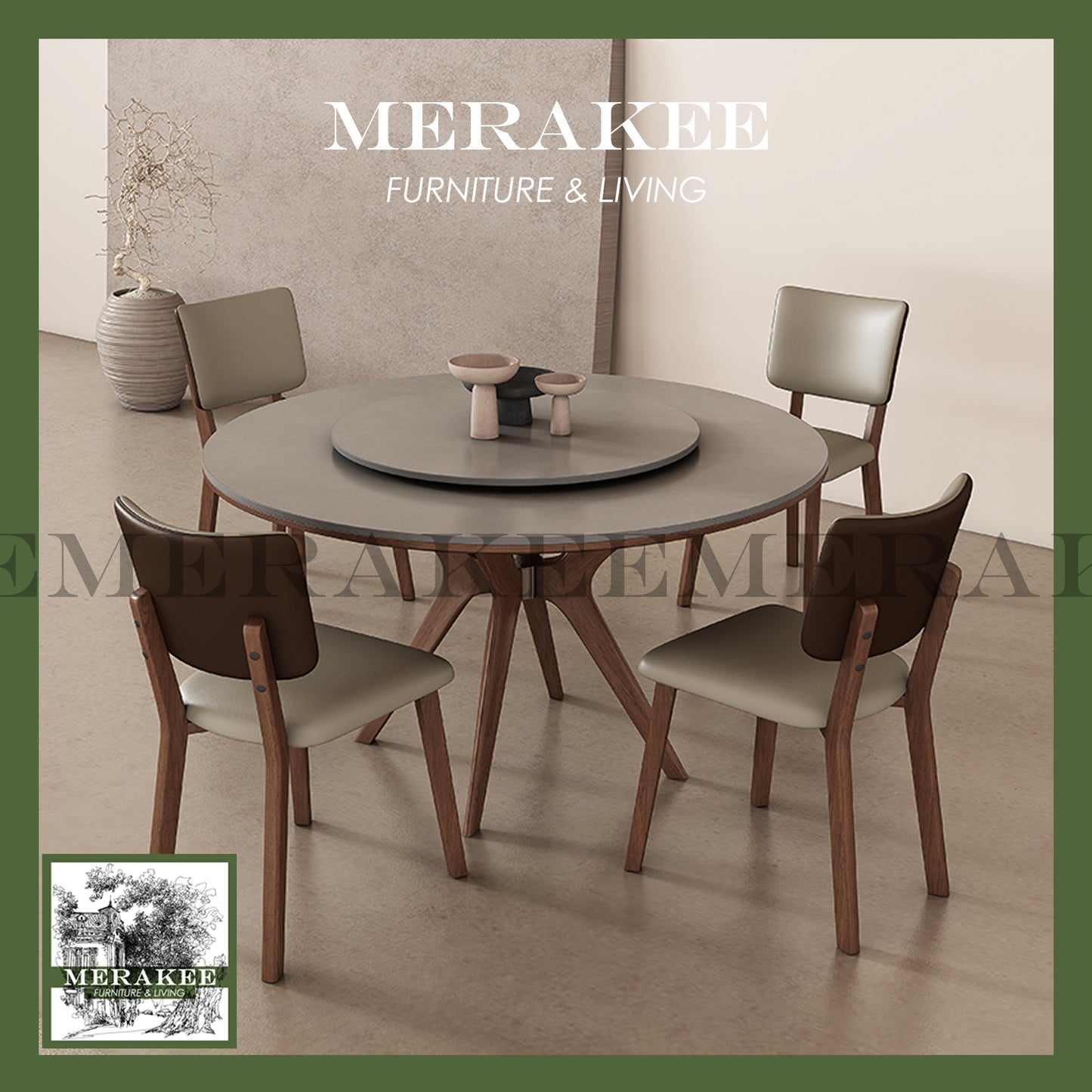 MERAKEE Customized Marble Like Sintered Stone Round With Lazy Susan Solid Ash Wood Stand Dining Table Dining Room Furniture AW10
