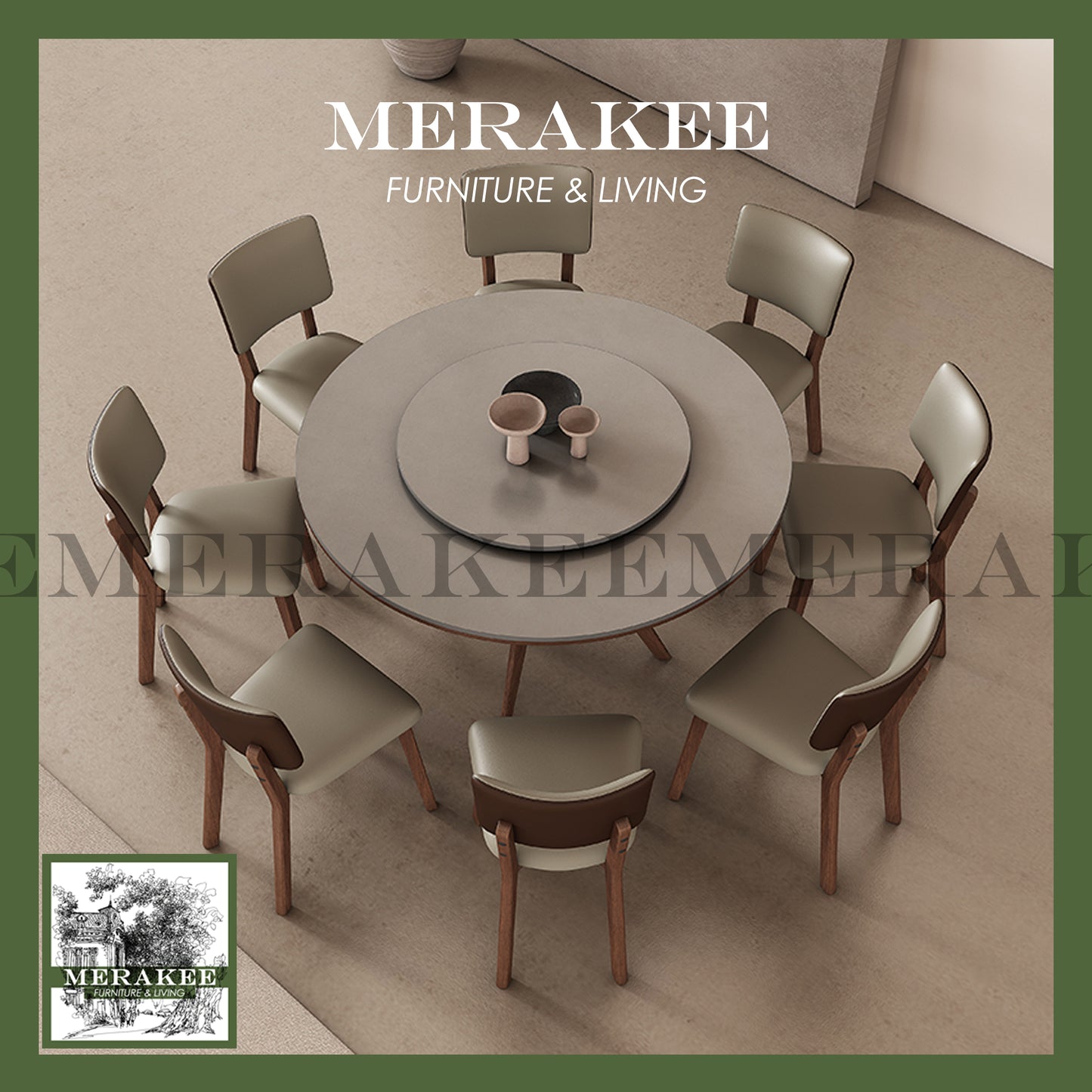 MERAKEE Customized Marble Like Sintered Stone Round With Lazy Susan Solid Ash Wood Stand Dining Table Dining Room Furniture AW10