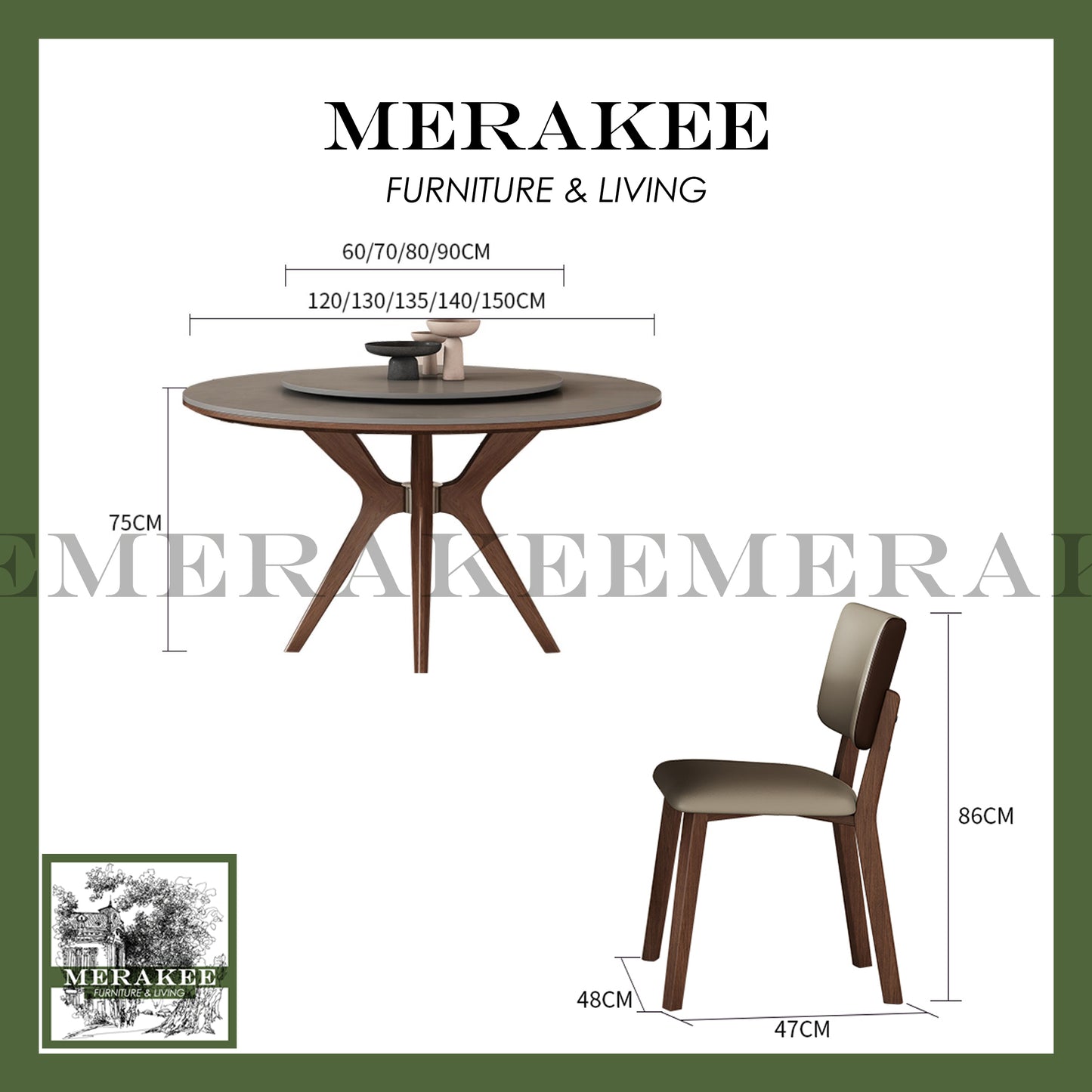 MERAKEE Customized Marble Like Sintered Stone Round With Lazy Susan Solid Ash Wood Stand Dining Table Dining Room Furniture AW10