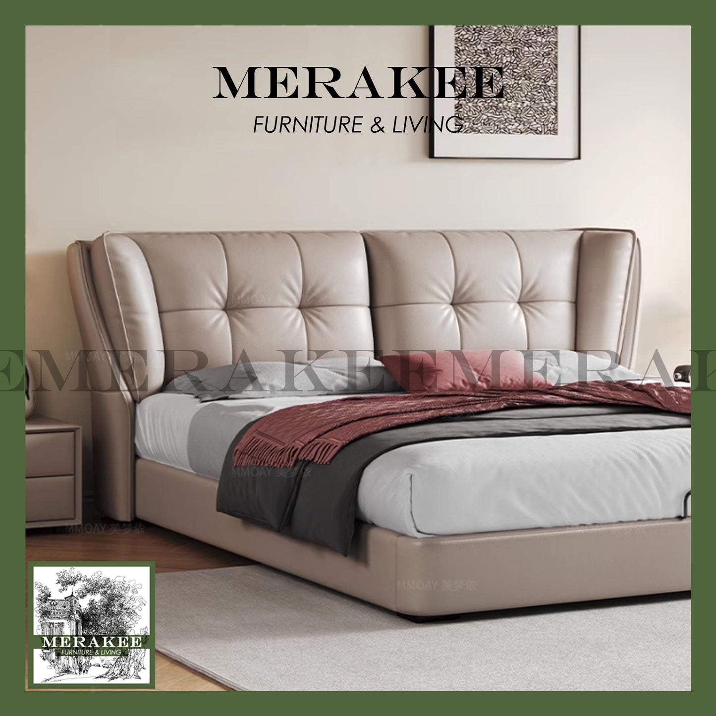 MERAKEE Queen/King Genuine Leather Bed Frame Bedroom Furniture JC826
